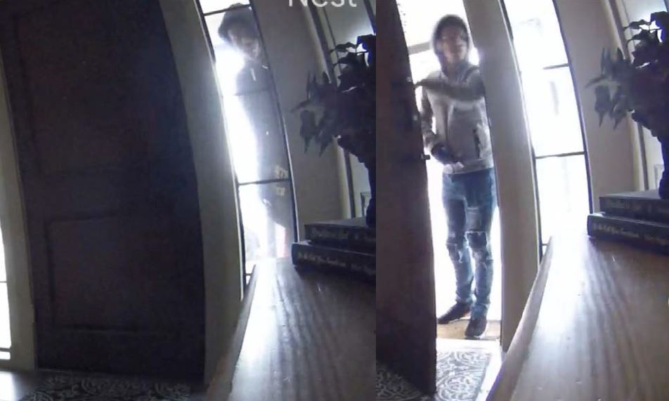 Home security camera photos of burglar dressed in tennis shoes, skinny jean with fashion tear and a gray hoodie. 